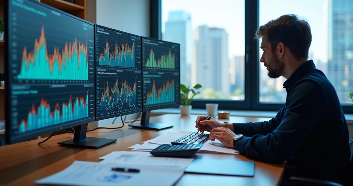 Profissional observando gráficos de análise de risco financeiro em monitores 