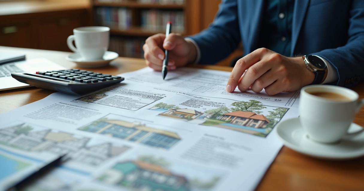 Pessoa analisando documentos e plantas de imóvel com calculadora e laptop na mesa 