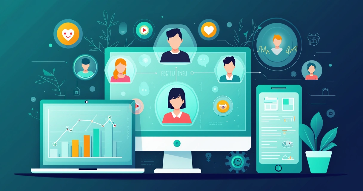 Ilustração corporativa plana mostrando influenciadores virtuais em telas digitais com gráficos de análise de risco, emojis de sentimento e ícones de segurança ao redor 