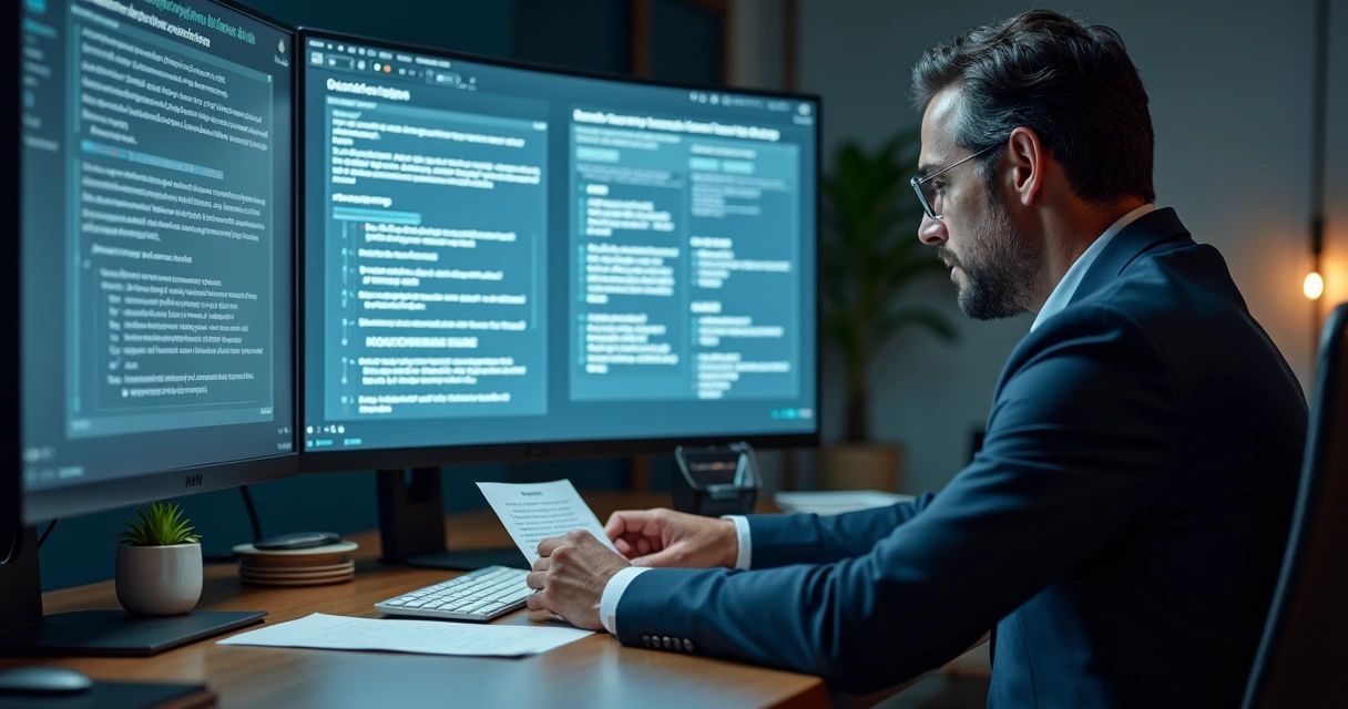 Advogado analisando cláusulas contratuais relacionadas a IA em tela de computador 