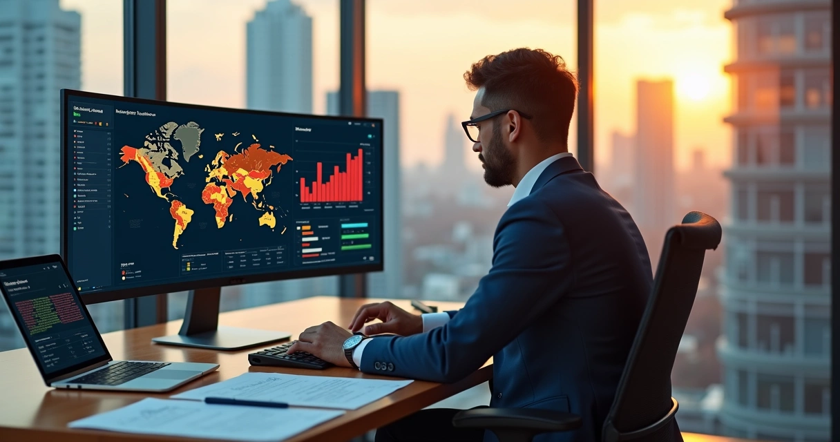 Gestor imobiliário analisa riscos de locação comercial em painel com gráficos e indicadores 