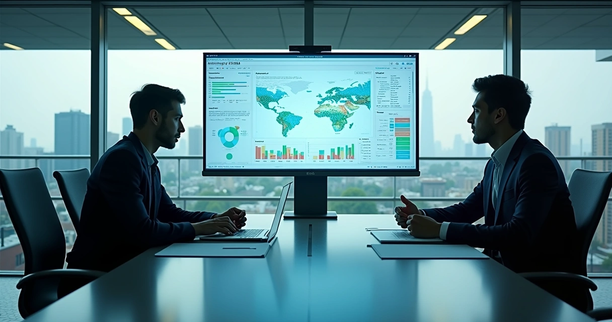 Gráficos coloridos com indicadores ESG e analistas discutindo 