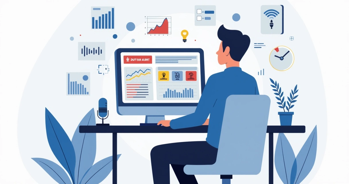 Ilustração corporativa plana de uma pessoa analisando dados de podcast em tela de computador com gráficos e alertas de risco reputacional 