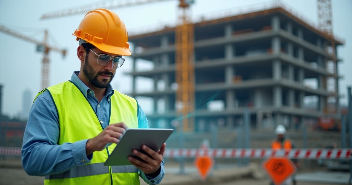 Engenheiro realizando checklist digital em local de trabalho elevado 