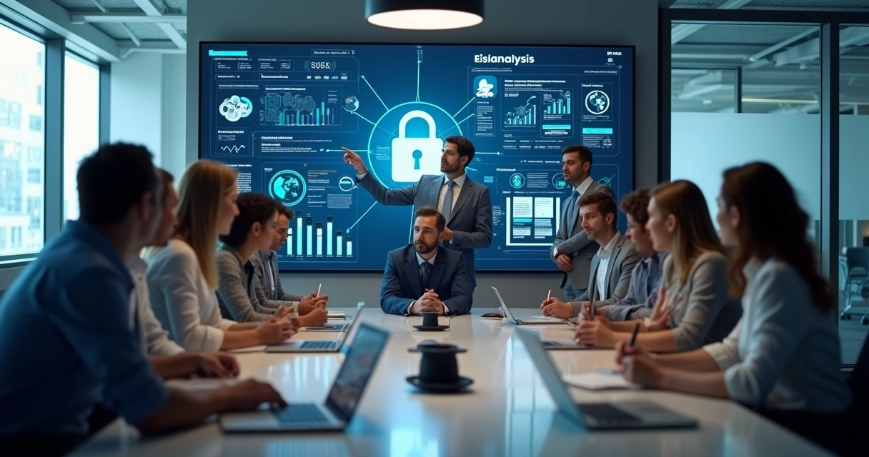 Equipe de TI reunida analisando riscos no escritório 