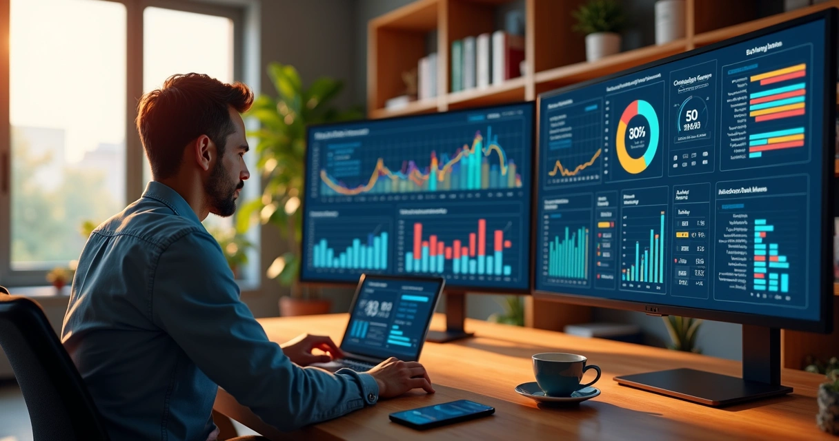 Analista de marketing em escritório moderno analisando métricas de ROAS em múltiplas telas com gráficos e dados detalhados 