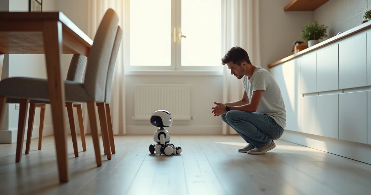 Pessoa analisando robô doméstico na cozinha 