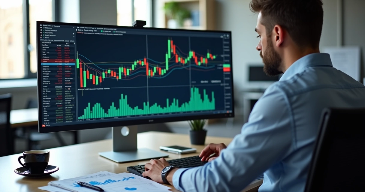 Mesa de trabalho com computador mostrando gráficos de trading, códigos de robô e trader analisando dados 
