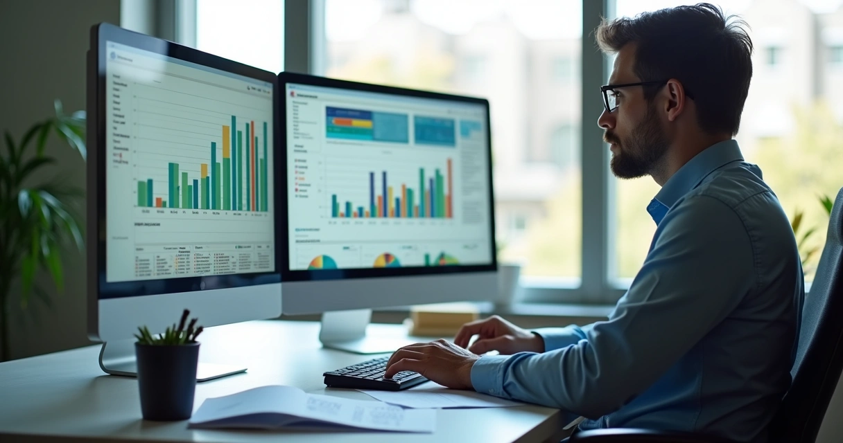 Analista de marketing revisando relatórios de ROI com gráficos coloridos e tela de anúncios patrocinados 