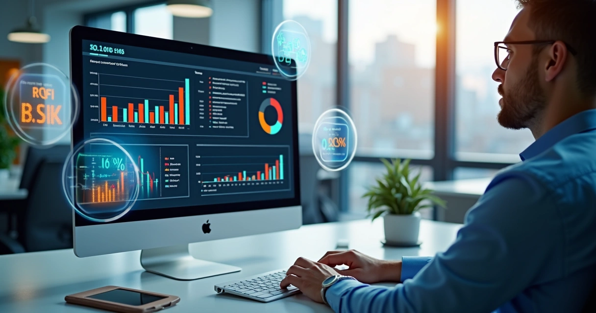 Computador com gráficos de ROI e assistentes digitais em ambiente corporativo moderno