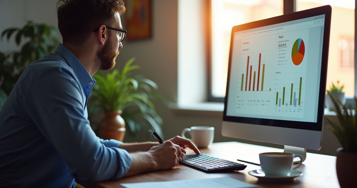 Gráfico de linha subindo e planilhas de acompanhamento de ROI em uma mesa de trabalho 
