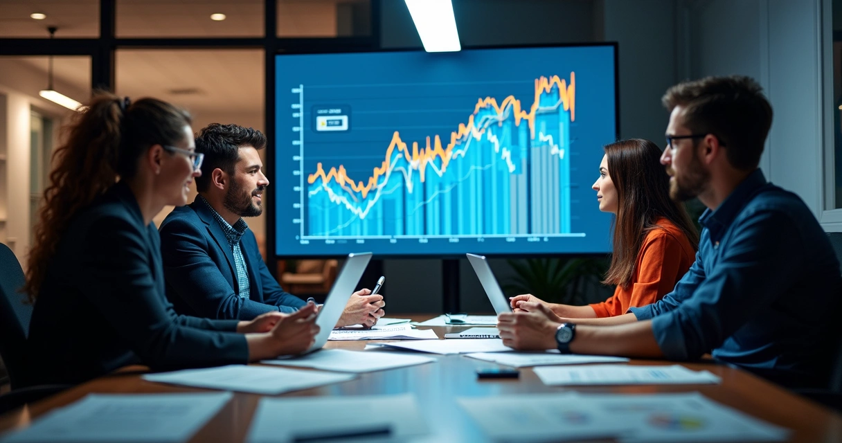 Equipe analisando o ROI em campanhas digitais 
