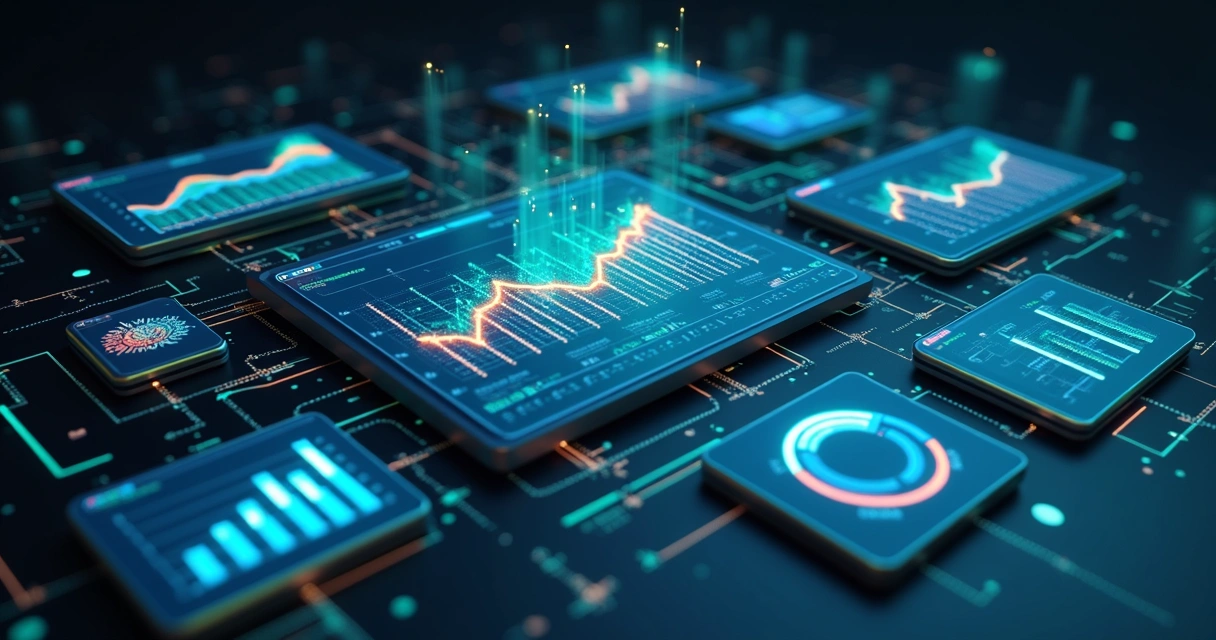 Modelagem 3D de dashboard digital com gráficos de ROI exibidos em telas flutuantes sobre um fundo escuro 