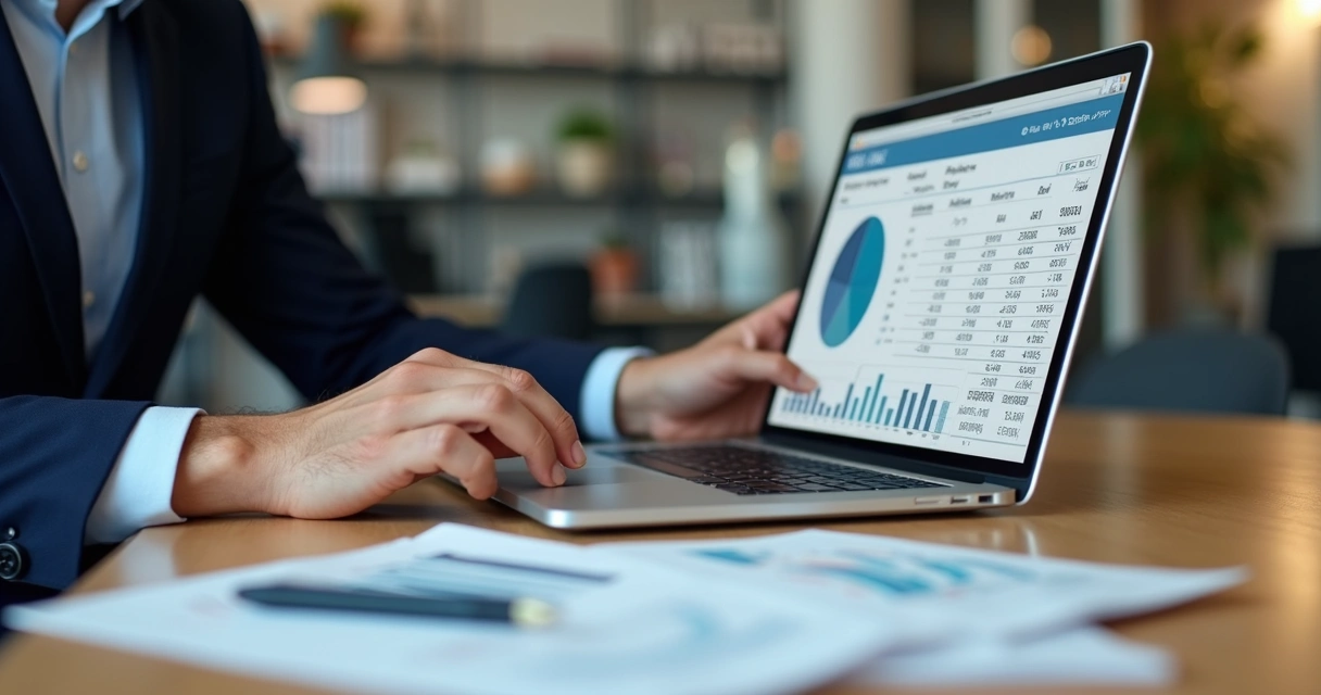 Executivo analisando ROI no notebook 