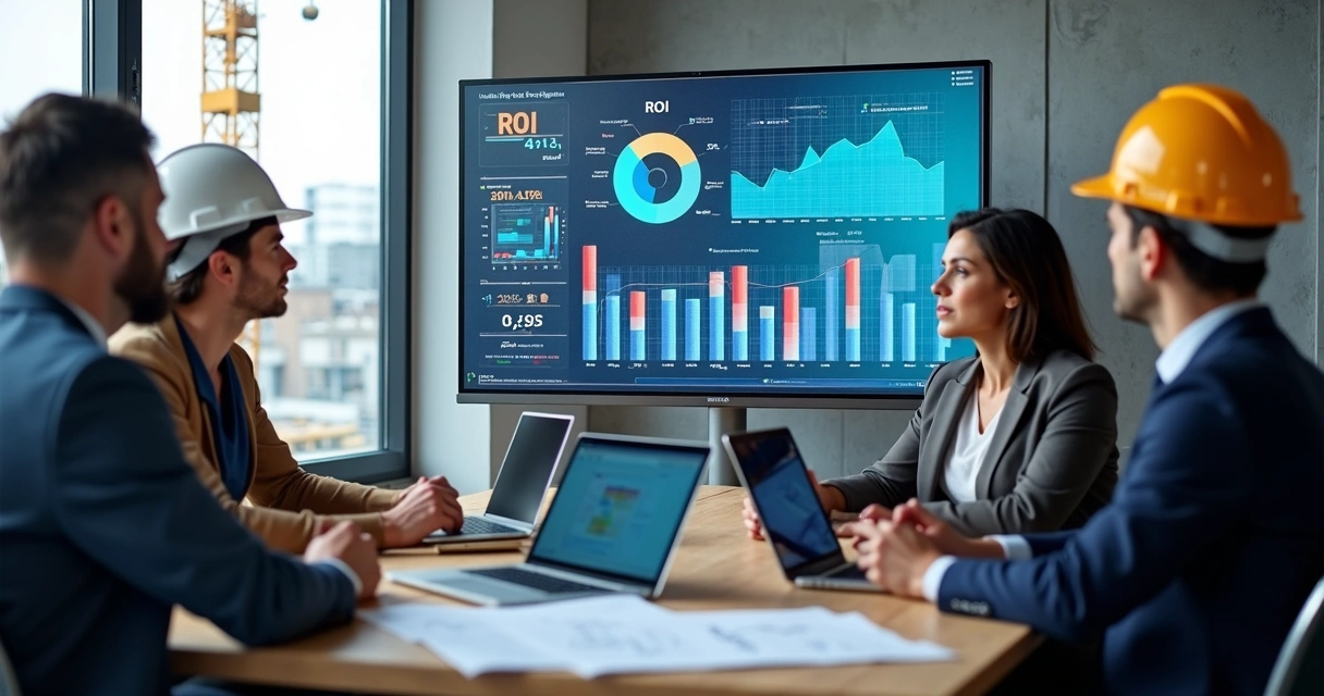 Profissionais da construção civil analisando relatórios digitais com gráficos de ROI em tela grande 