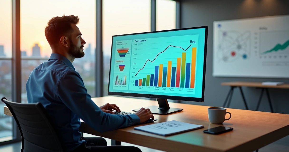 Executivo analisando gráficos de ROI em tela grande de computador 
