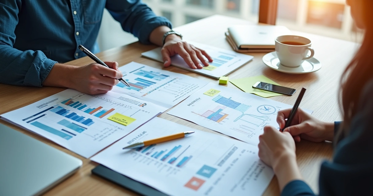 Mesa com planilhas e gráficos de ROI em vendas B2B ao redor de notebook 