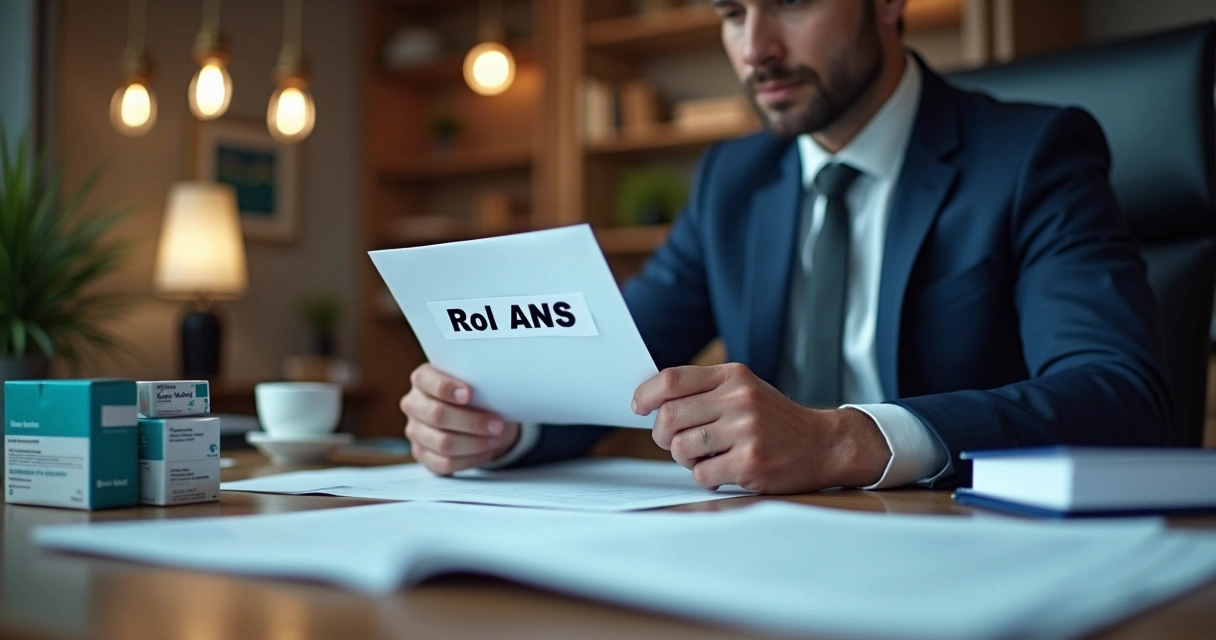 Profissional jurídico analisando lista de cobertura de saúde em computador, ambiente de escritório, documentos médicos na mesa 