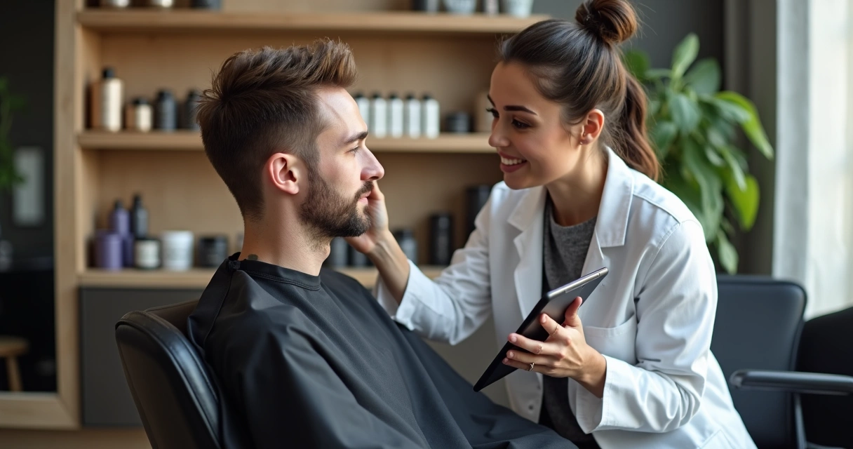Profissional fazendo análise de rosto de cliente em salão de beleza 