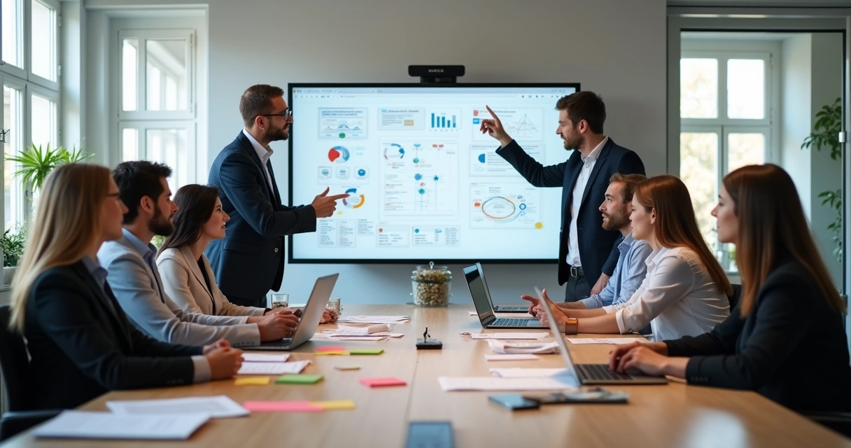 Equipe analisando rotina de trabalho em escritório moderno 