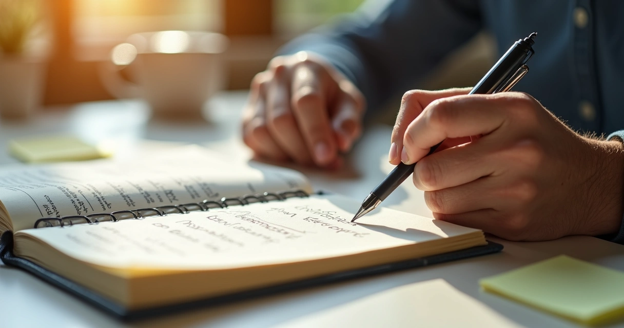 Pessoa revisando rotina, escrevendo em diário sobre decisões diárias 