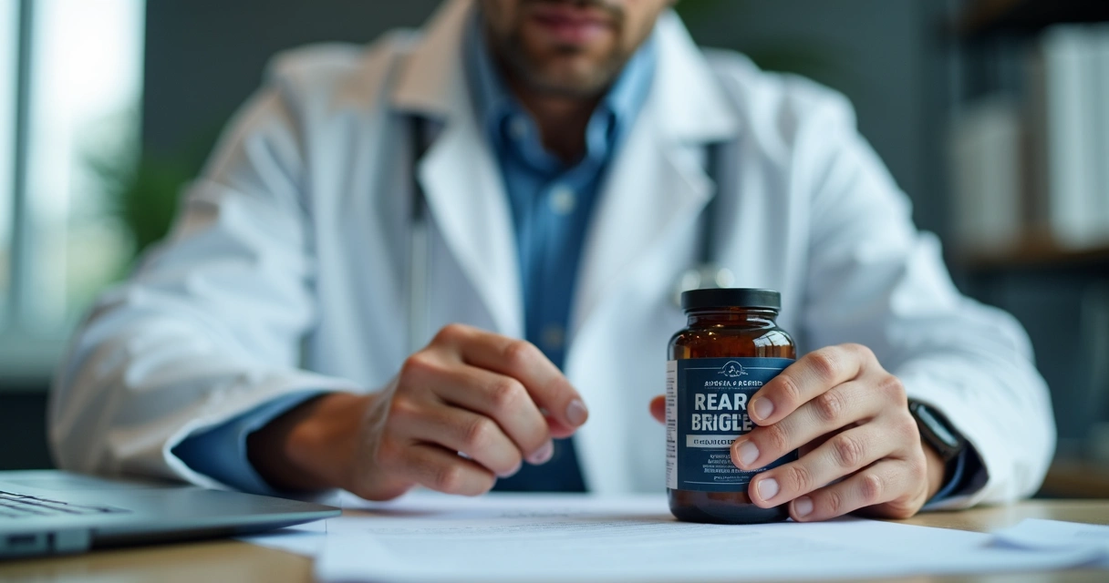 Nutricionista analisando o rótulo de um suplemento esportivo dentro de consultório 