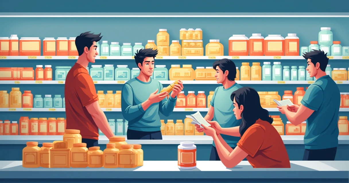 Cliente analisa rótulo de suplemento no supermercado, destacando informações de porção e ingredientes.