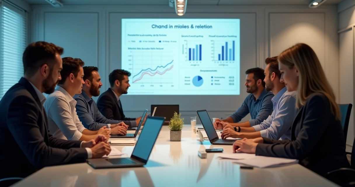 Equipe de comunicação analisando tabelas de preços de assessorias de imprensa em sala de reunião