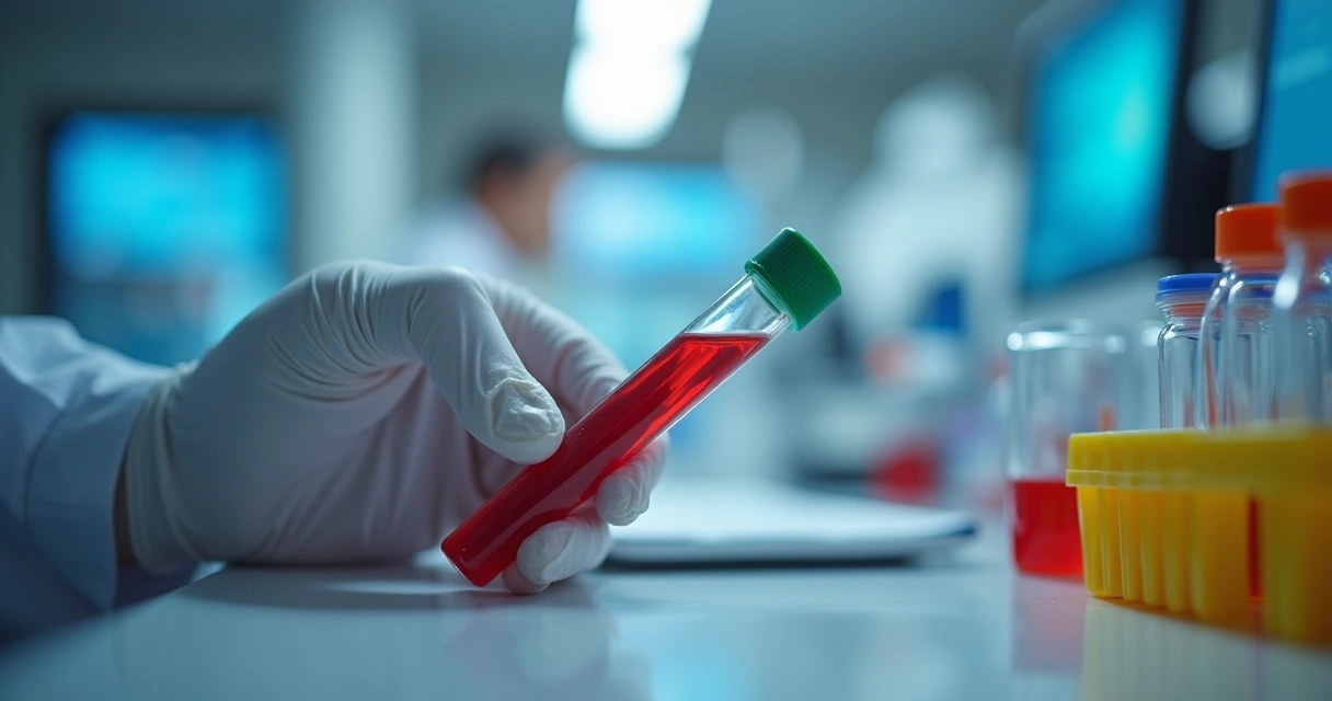 Tubo de sangue em laboratório sendo analisado 