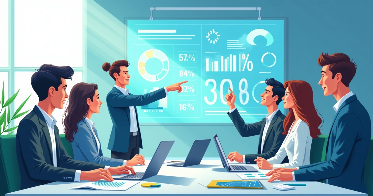 Reunião de profissionais analisando satisfação dos clientes com gráficos em uma tela digital.