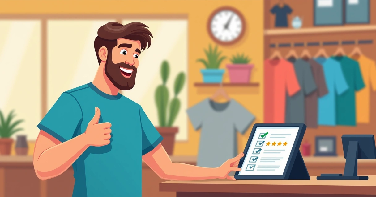 Cliente sorrindo ao avaliar camiseta personalizada 