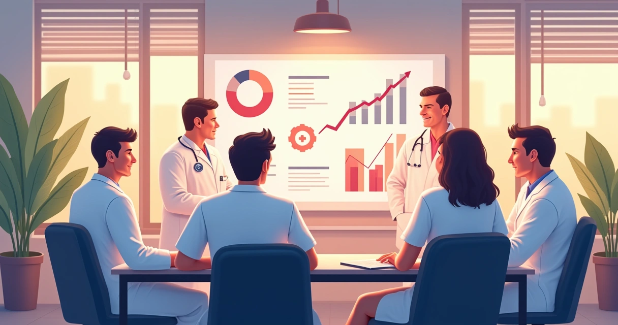 Como Analisar Dados em Auditoria Clínica: Guia Prático 3 Equipe discutindo melhorias clínicas com gráficos mostrando aumento da satisfação do paciente