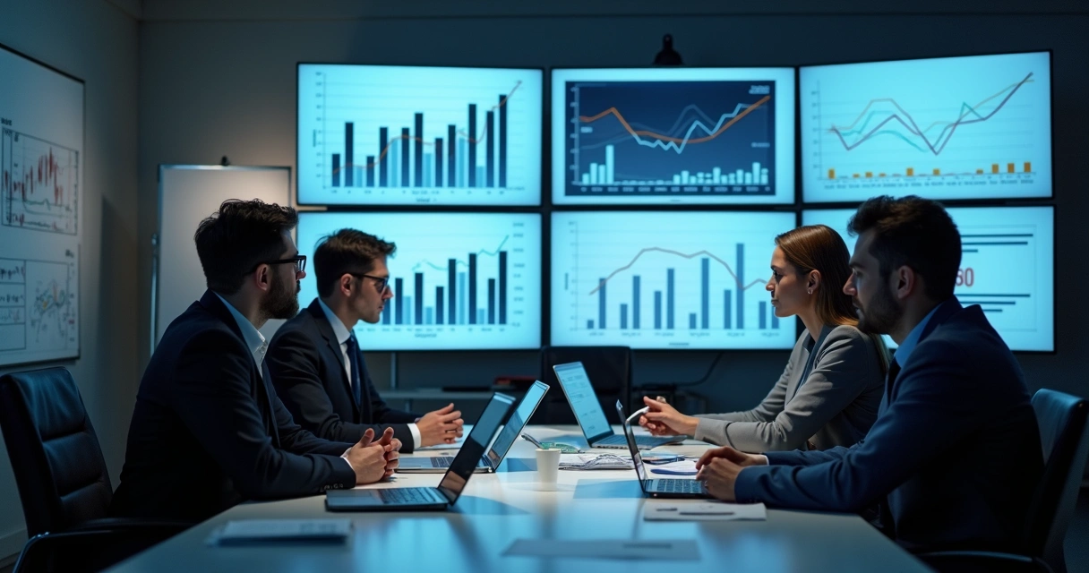 Gráficos e equipe analisando dados sazonais