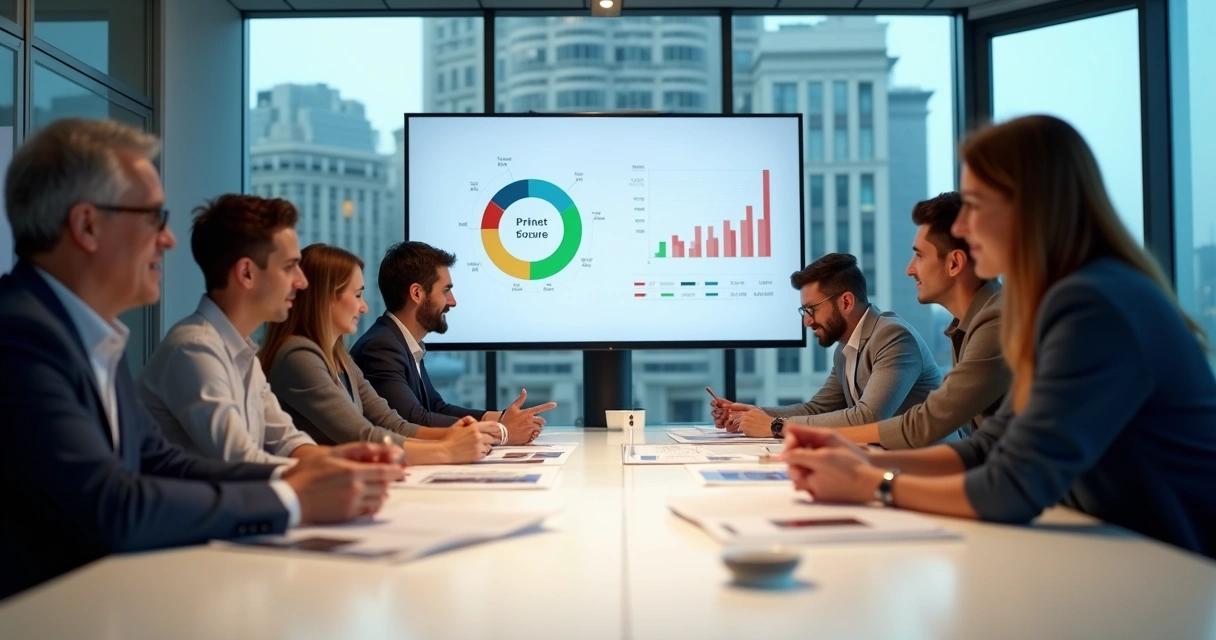 Equipe de análise reunida em torno de uma mesa com gráficos e score de crédito. 