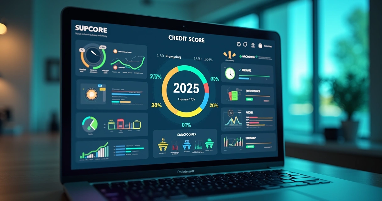 Gráfico digital detalhado mostrando fatores do score de crédito com números e ícones financeiros ao redor 