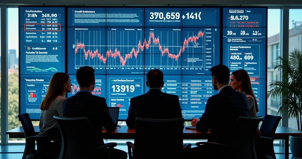 Equipe analisando gráficos de score de crédito com destaque para dados negativos. 