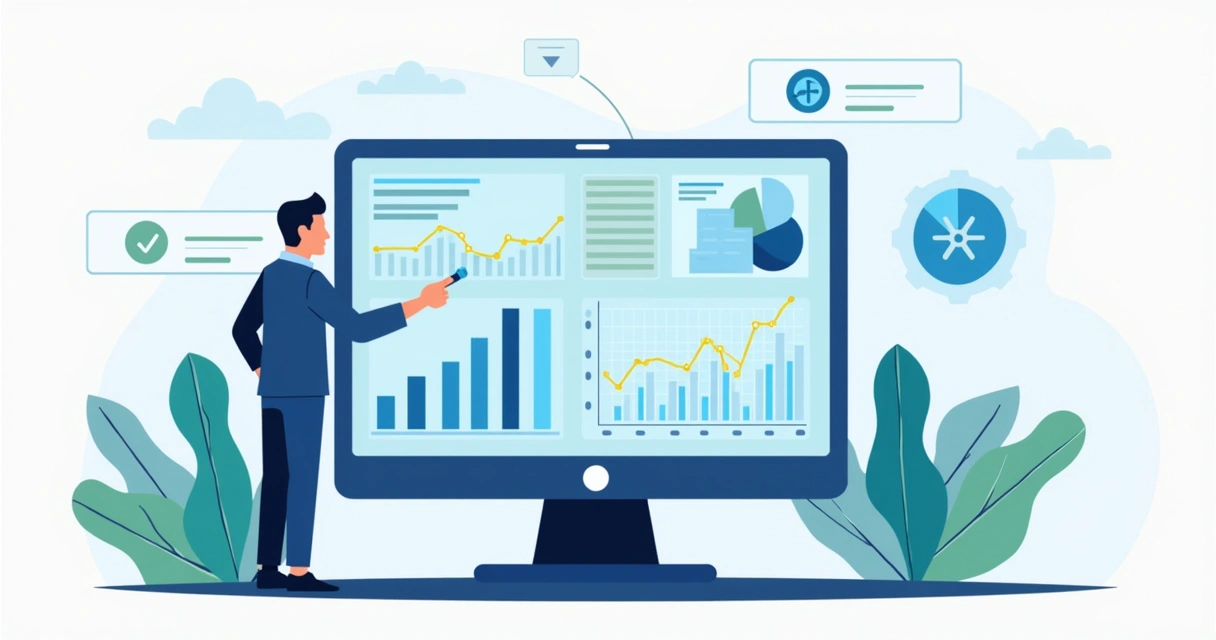 Ilustração corporativa mostrando análise de score de segurança em mídia paga com gráficos e dados em tela digital 