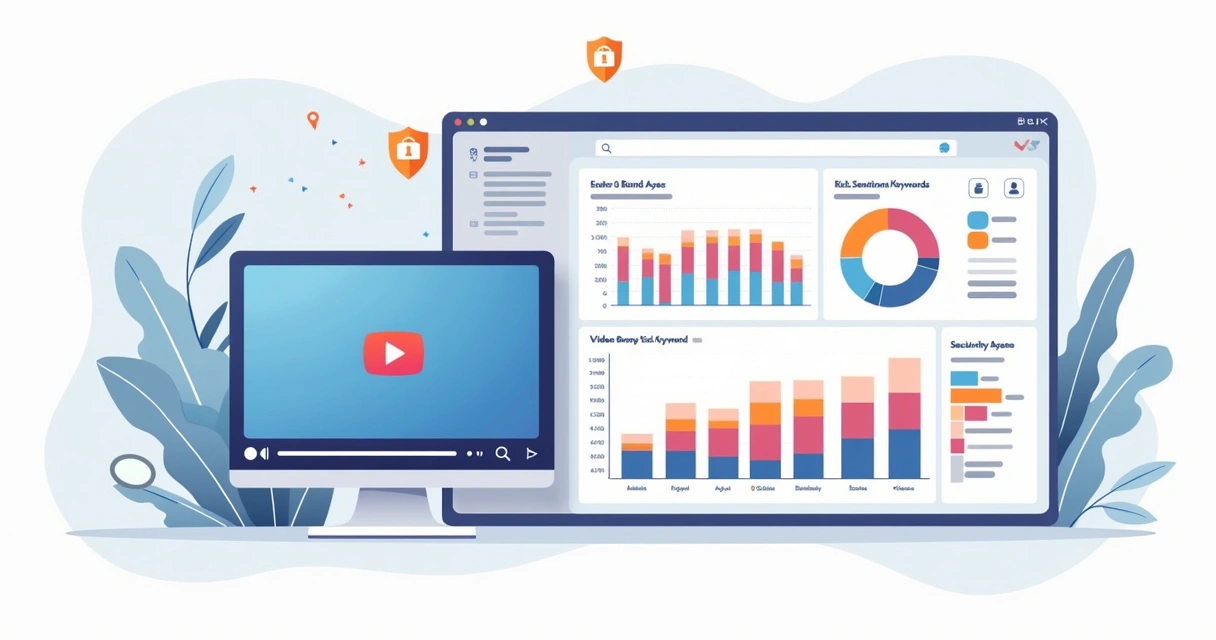 Ilustração corporativa de tela com vídeo e gráficos de análise de segurança de marca 