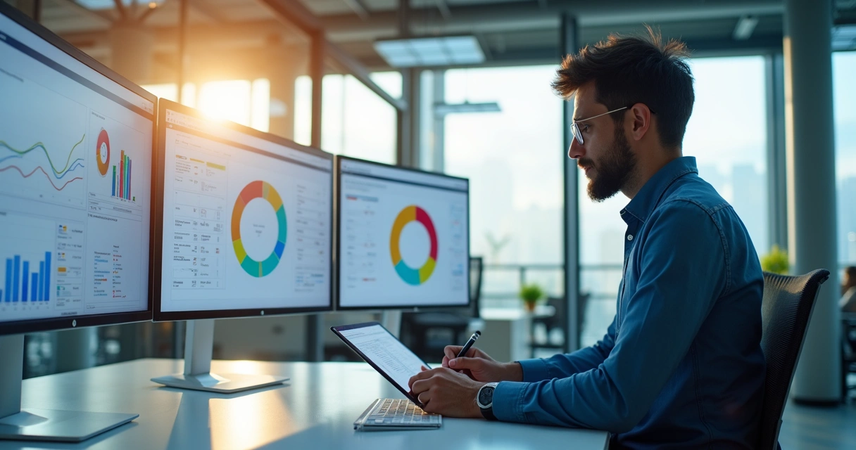 Analista olhando múltiplos gráficos de segmentação em telas de computador 