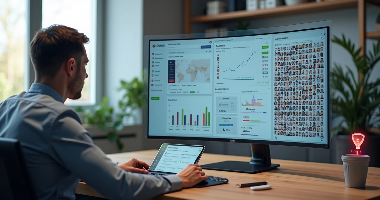 Profissional analisando seguidores reais e engajamento em painel de redes sociais 