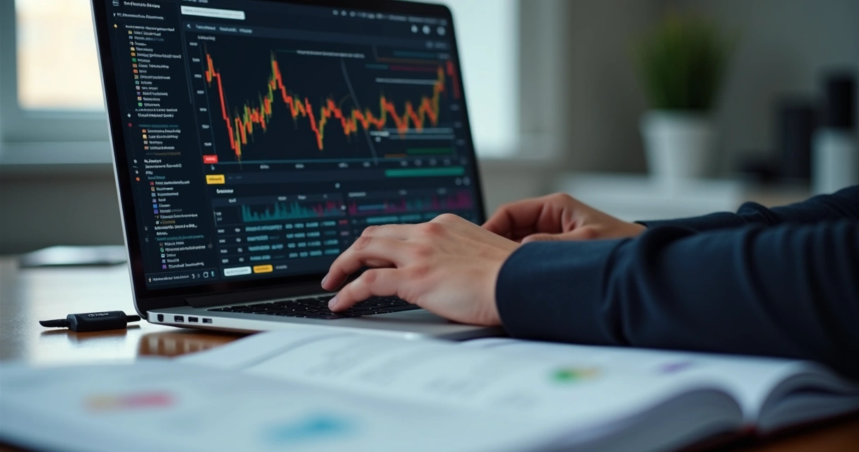 Pessoa analisando gráficos e contratos de altcoins em notebook 