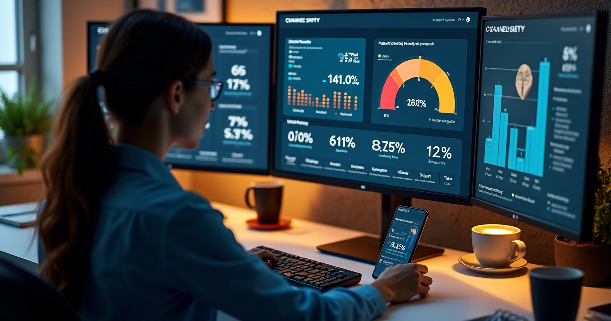 Análises de segurança de canais de TV, gráfico e avaliações em tela de computador 
