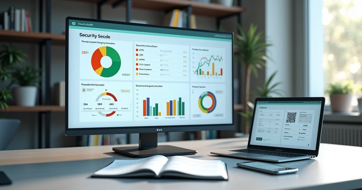 Monitor com dashboard de análise de segurança sobre tabela de custos em um escritório moderno 