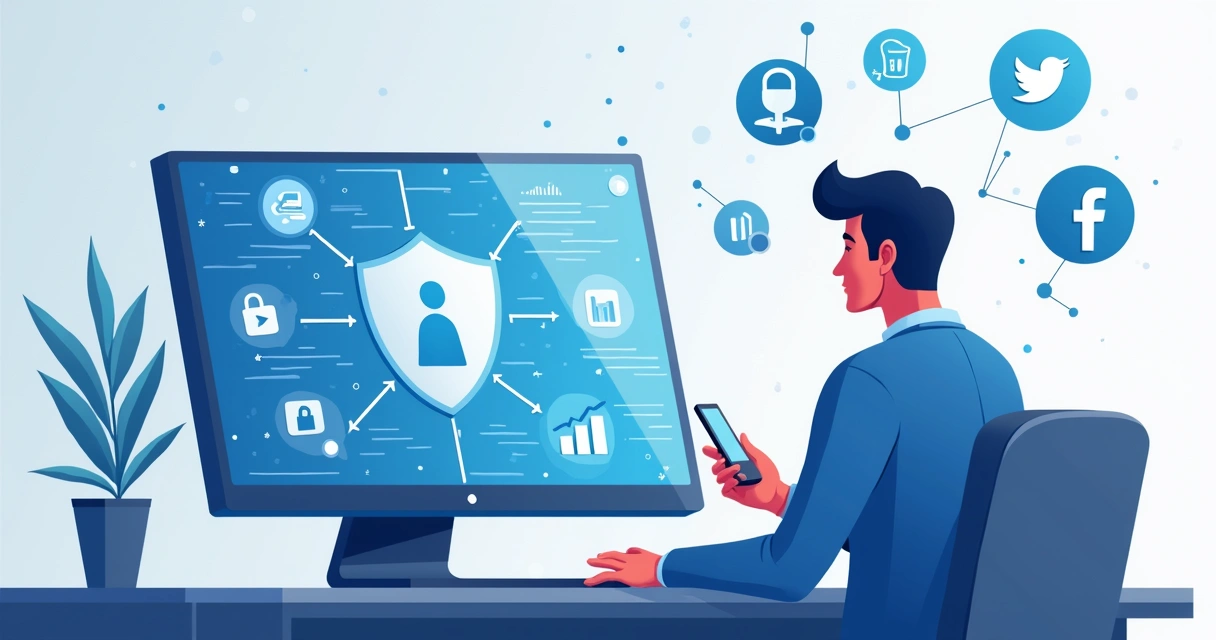 Ilustração corporativa de análise de risco com gráfico, algoritmo e influenciador digital 