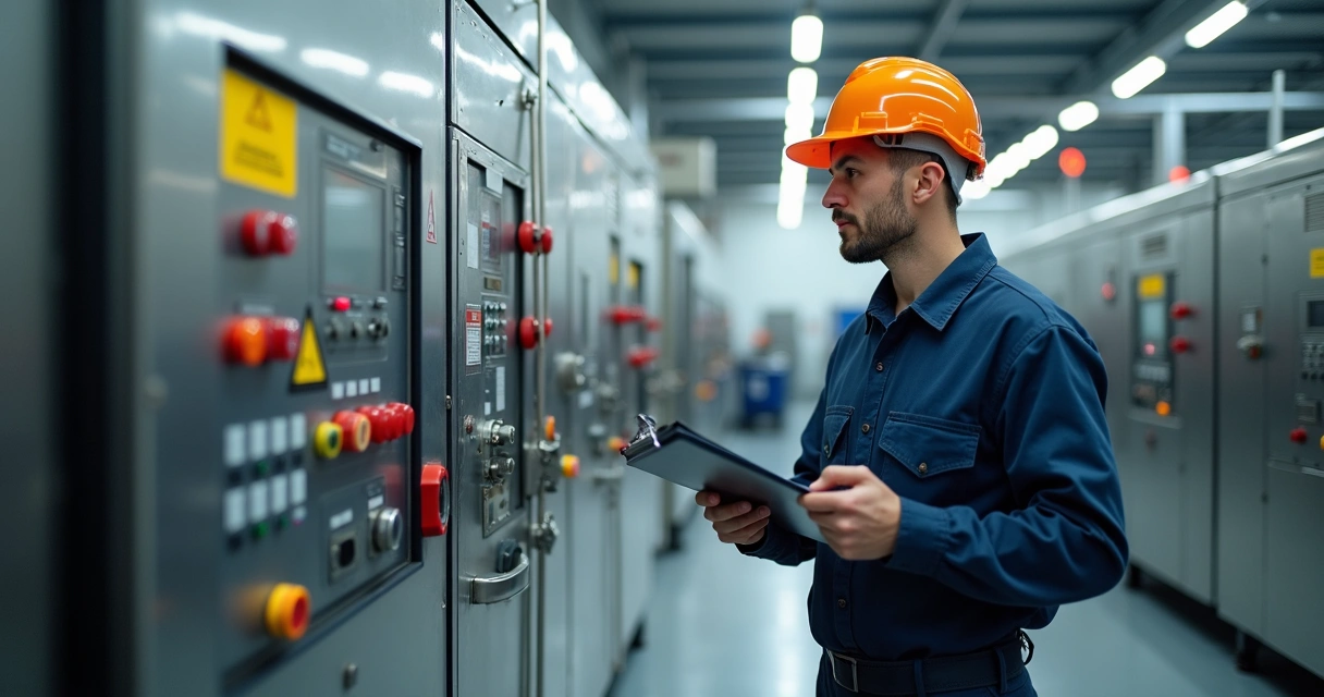 Técnico avaliando máquina industrial com dispositivos de segurança 