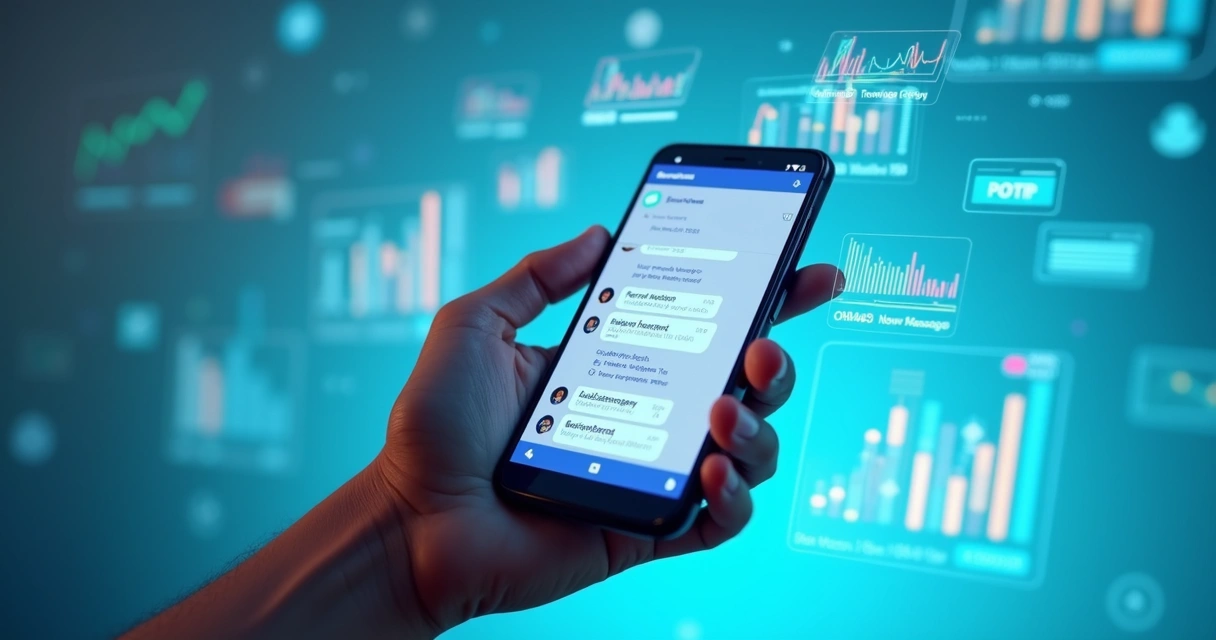 Tela de smartphone exibindo conversas no Messenger com gráficos de análise de sentimento ao redor 