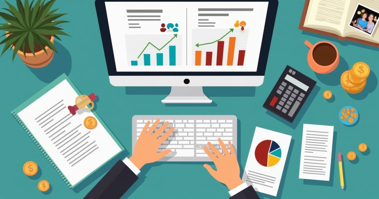 Pessoa analisando opções de seguro de vida e investimentos em computador moderno, com gráficos e documentos 