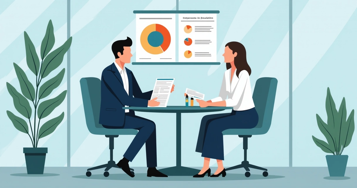 Consultor analisando apólice de seguro com cliente em sala de reunião 
