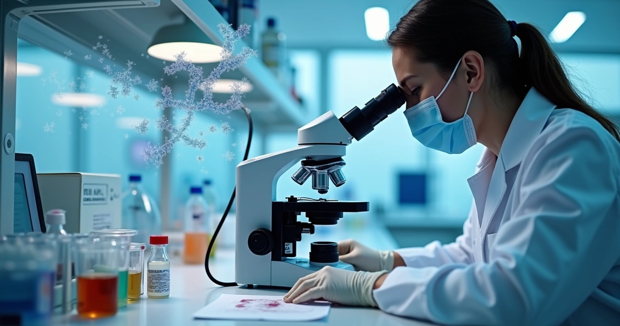 Técnico de laboratório analisando lâmina de microscopia 