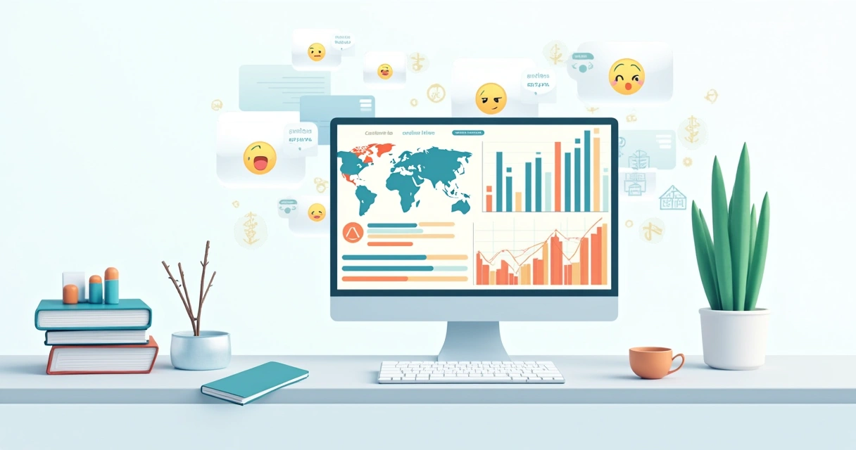 Computador mostrando análise de dados de sentimento com gráficos e feedbacks de clientes animados 